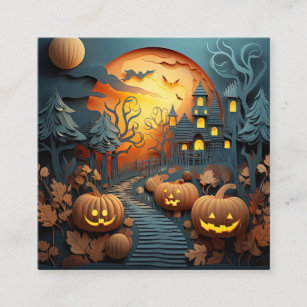 Cute Halloween Scene 3D Effect Design Square Business Card