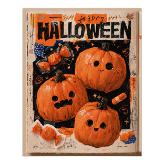 Cute Halloween Scrapbook Design With Pumpkins Poster