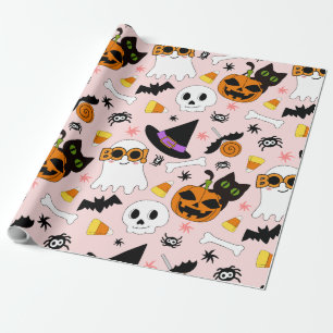 Cute Halloween Seamless Pattern Ghost Cat Pumpkin Wrapping Paper