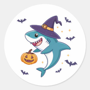 Cute Halloween Shark with Witch Hat and Pumpkin  Classic Round Sticker