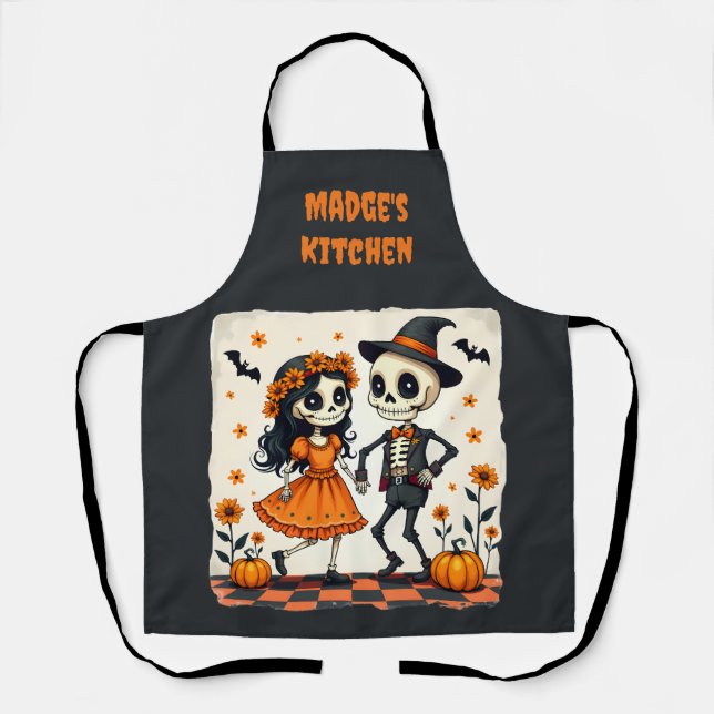 Cute Halloween Skeleton Couple in Orange Apron (Front)