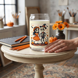 Cute Halloween Skeleton Couple in Orange Can Glass