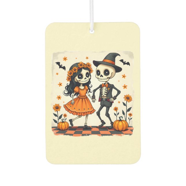 Cute Halloween Skeleton Couple in Orange Car Air Freshener (Front)