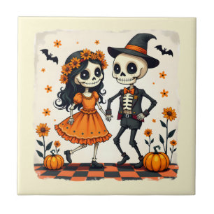 Cute Halloween Skeleton Couple in Orange Ceramic Tile