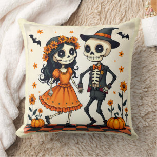 Cute Halloween Skeleton Couple in Orange Cushion