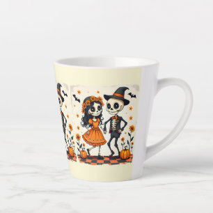 Cute Halloween Skeleton Couple in Orange Latte Mug
