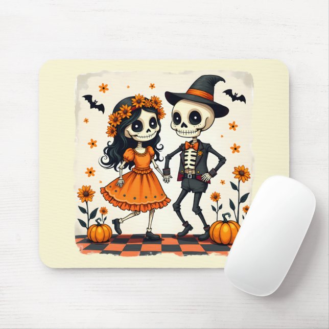 Cute Halloween Skeleton Couple in Orange Mouse Pad (With Mouse)