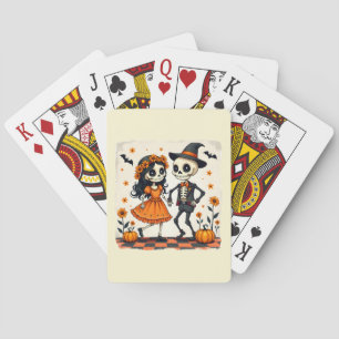 Cute Halloween Skeleton Couple in Orange Playing Cards