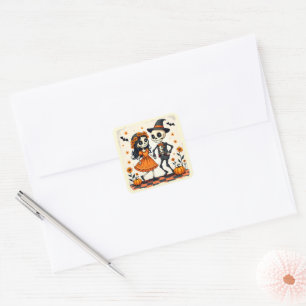 Cute Halloween Skeleton Couple in Orange Square Sticker