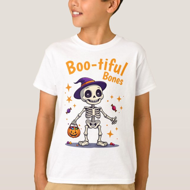 Cute halloween skeleton with candy  t-shirt kids   (Front)