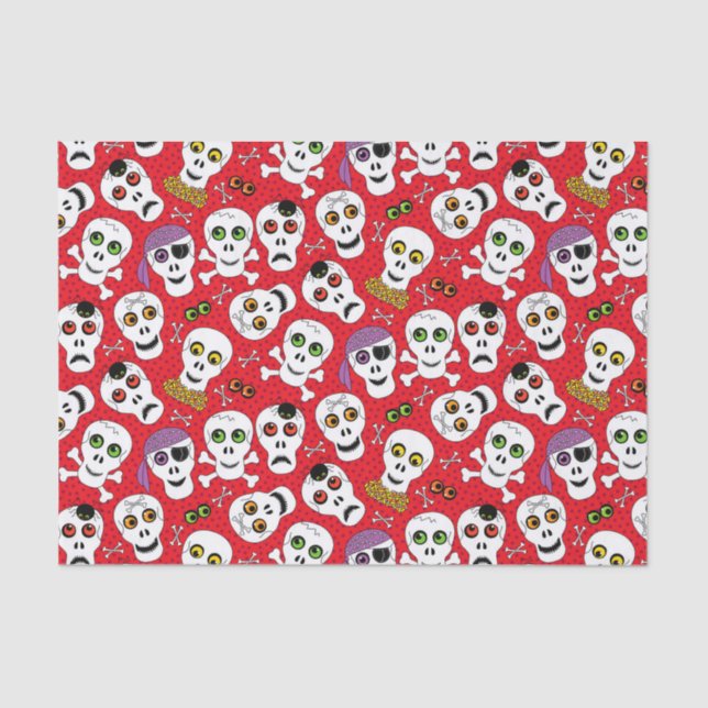 Cute Halloween Skulls on Red Decoupage Tissue Paper (Front)