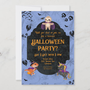 Cute Halloween Sloth, Dino, Unicorn Party Invitation