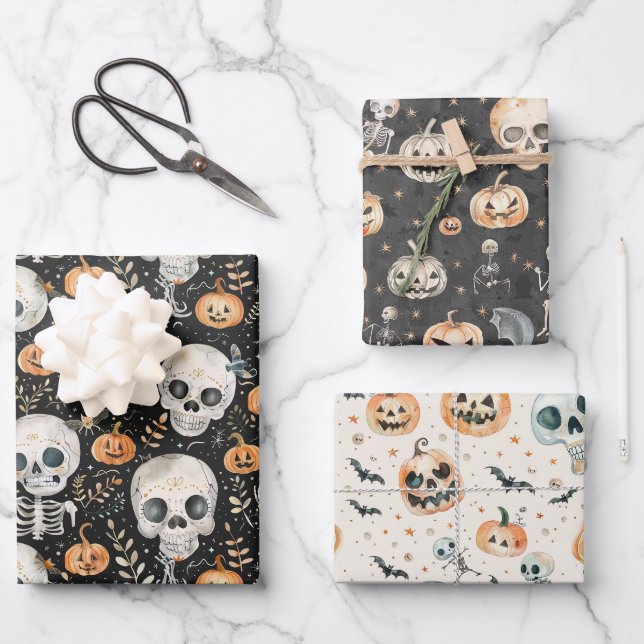 Cute Halloween Spooky Ghost Skull Bat Wrapping Paper Sheet (Front)