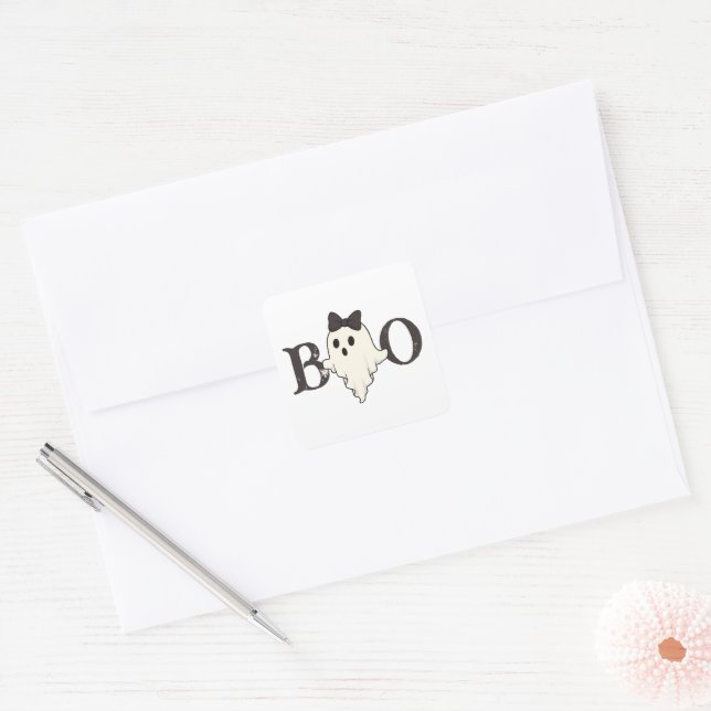Cute Halloween Sticker – "Boo" Ghost with Bow (Envelope)