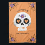 Cute Halloween Sugar Skull Tea Towel<br><div class="desc">A cute Halloween sugar skull with flowers and hearts decorates this cute kitchen towel. Personalise it with your family name.  Designed for you by Blackberry Boulevard.</div>