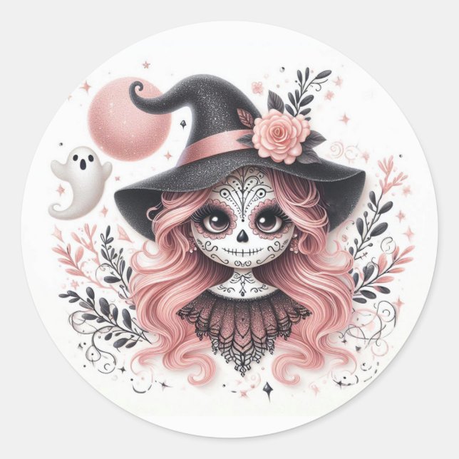 Cute Halloween Sugar Skull Witch Classic Round Sticker (Front)