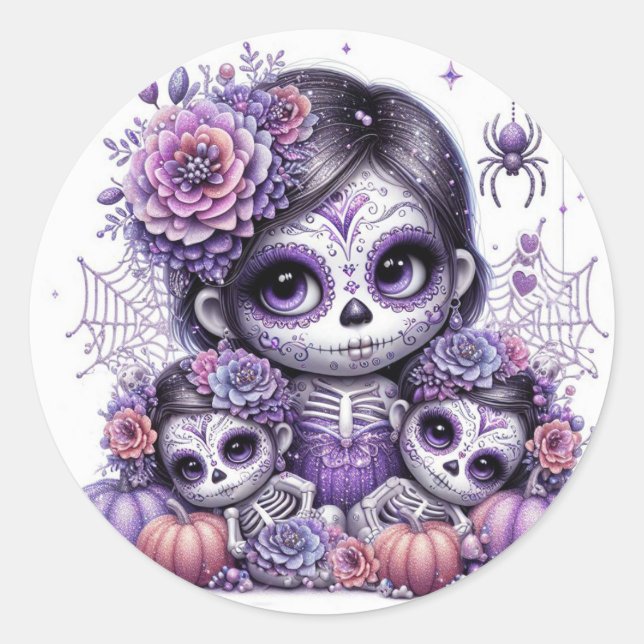 Cute Halloween Sugar Skull Witch Classic Round Sticker (Front)
