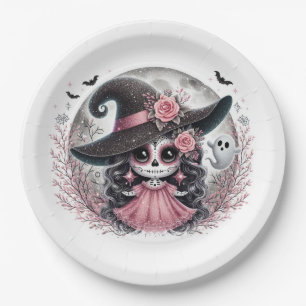 Cute Halloween Sugar Skull Witch Haunted Scene Paper Plate
