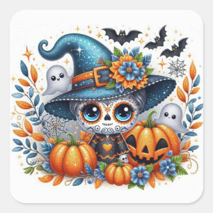 Cute Halloween Sugar Skull Witch Square Sticker