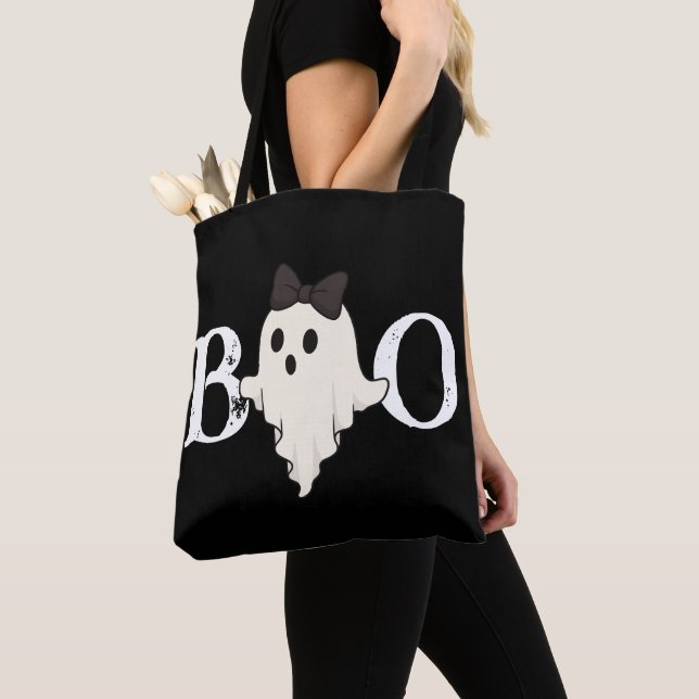 Cute Halloween Tote Bag – "Boo" Ghost with Bow (Close Up)