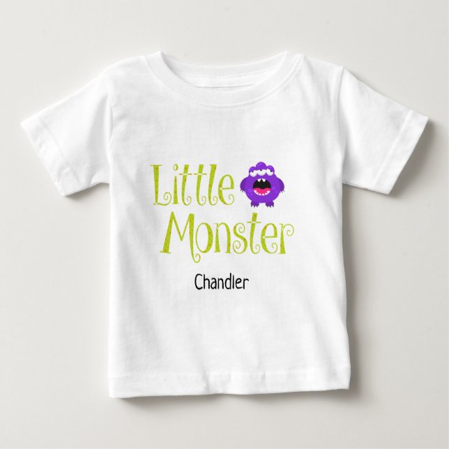 Cute Halloween Trick or Treat Little Monster Name Baby T-Shirt (Front)