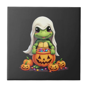 Cute Halloween Turtle Ghost with Candy (1) Ceramic Tile