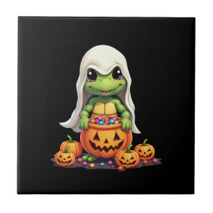 Cute Halloween Turtle Ghost with Candy (1) Ceramic Tile