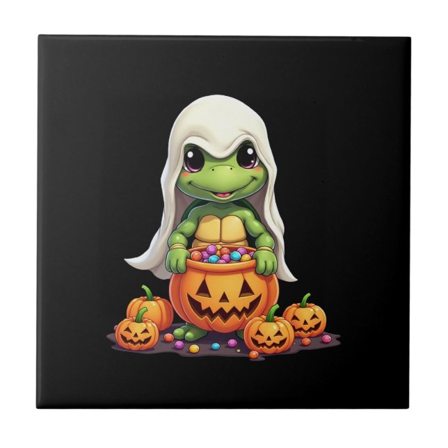 Cute Halloween Turtle Ghost with Candy (1) Ceramic Tile (Front)