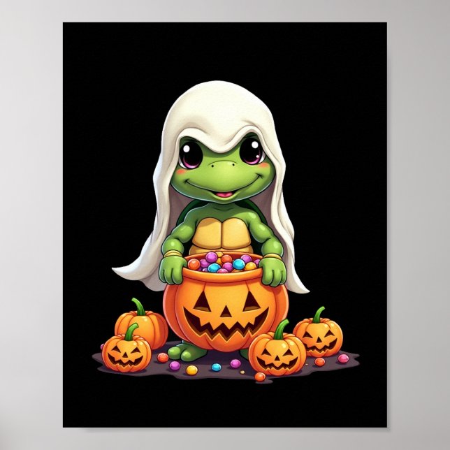 Cute Halloween Turtle Ghost with Candy (1) Poster (Front)
