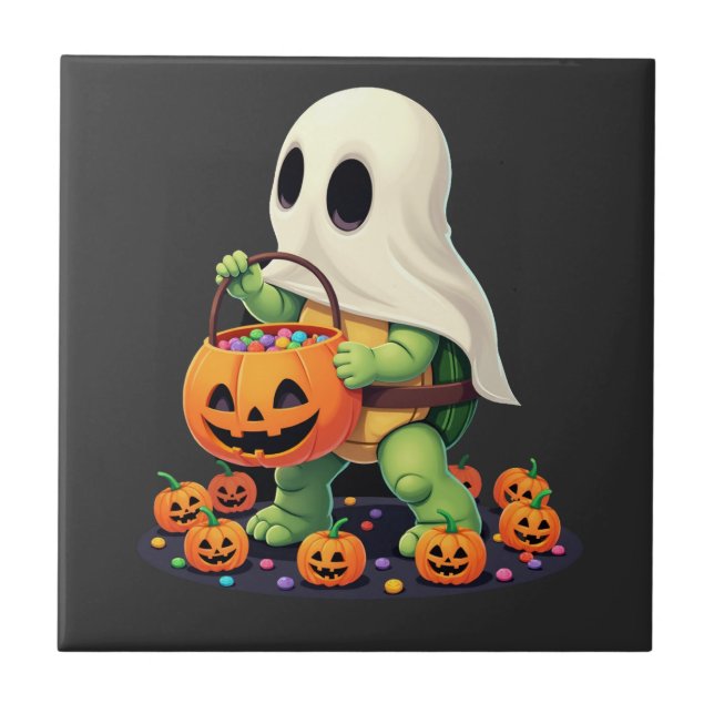 Cute Halloween Turtle Ghost with Candy (2) Ceramic Tile (Front)