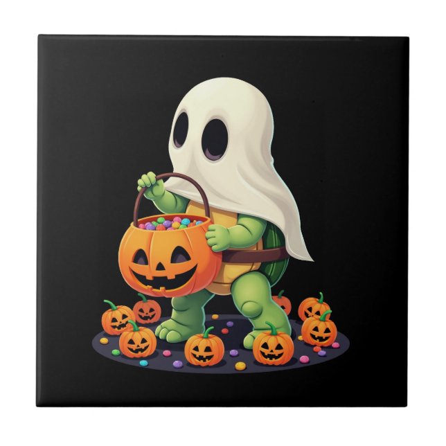 Cute Halloween Turtle Ghost with Candy (2) Ceramic Tile (Front)