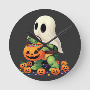 Cute Halloween Turtle Ghost with Candy (2) Round Clock
