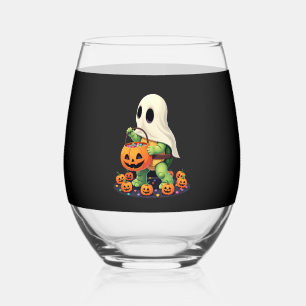 Cute Halloween Turtle Ghost with Candy (2) Stemless Wine Glass