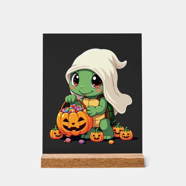 Cute Halloween Turtle Ghost with Candy (3) Acrylic Sign (Front)