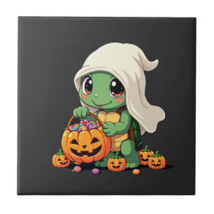 Cute Halloween Turtle Ghost with Candy (3) Ceramic Tile