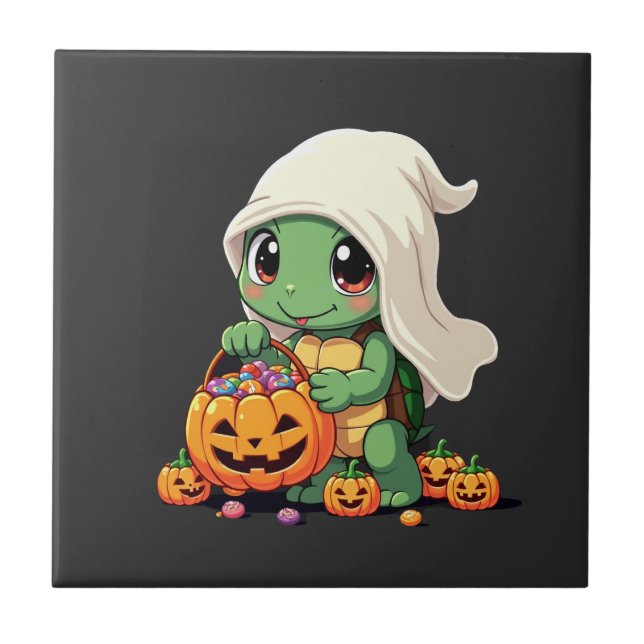 Cute Halloween Turtle Ghost with Candy (3) Ceramic Tile (Front)
