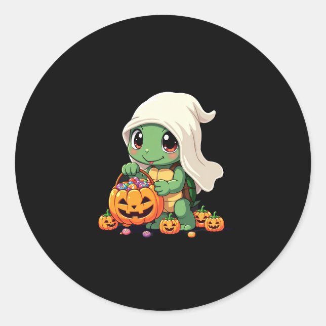 Cute Halloween Turtle Ghost with Candy (3) Classic Round Sticker (Front)