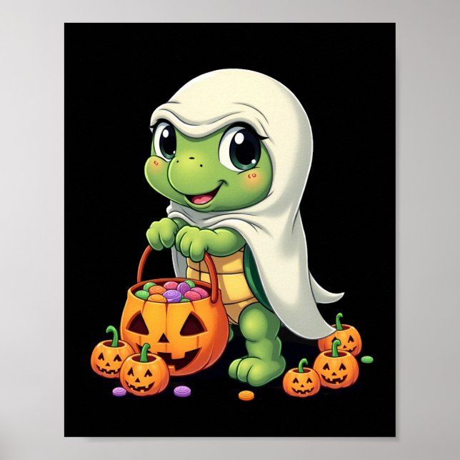 Cute Halloween Turtle Ghost with Candy (4) Poster (Front)