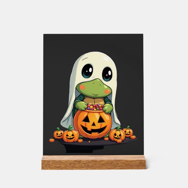 Cute Halloween Turtle Ghost with Candy (5) Acrylic Sign (Front)