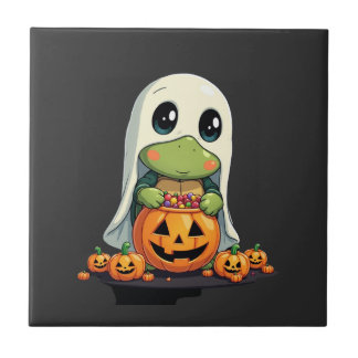 Cute Halloween Turtle Ghost with Candy (5) Ceramic Tile