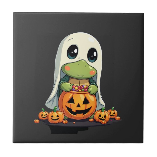 Cute Halloween Turtle Ghost with Candy (5) Ceramic Tile (Front)