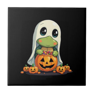 Cute Halloween Turtle Ghost with Candy (5) Ceramic Tile