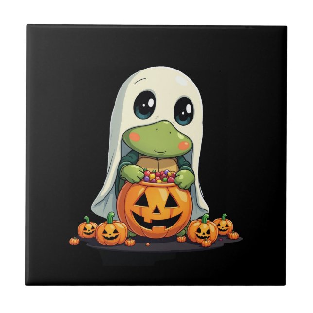Cute Halloween Turtle Ghost with Candy (5) Ceramic Tile (Front)
