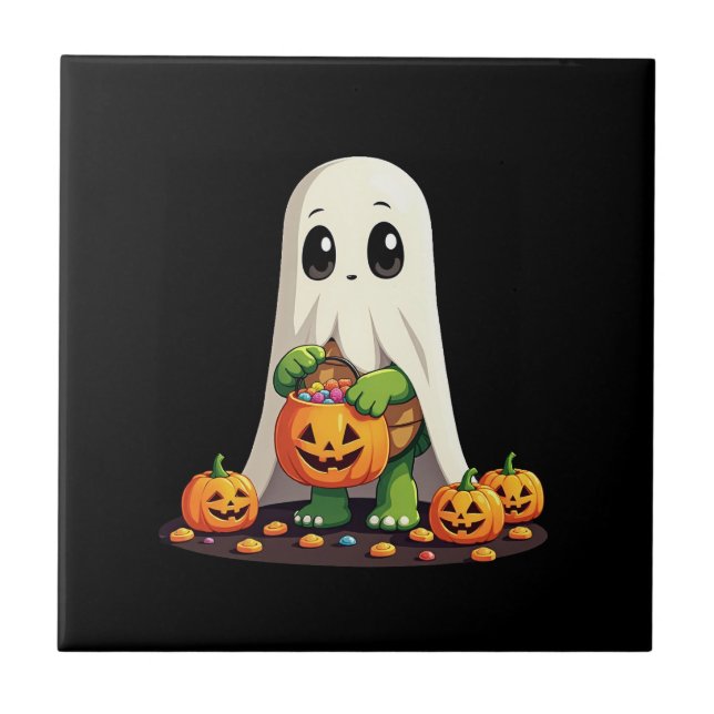 Cute Halloween Turtle Ghost with Candy (6) Ceramic Tile (Front)