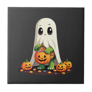 Cute Halloween Turtle Ghost with Candy (6) Ceramic Tile