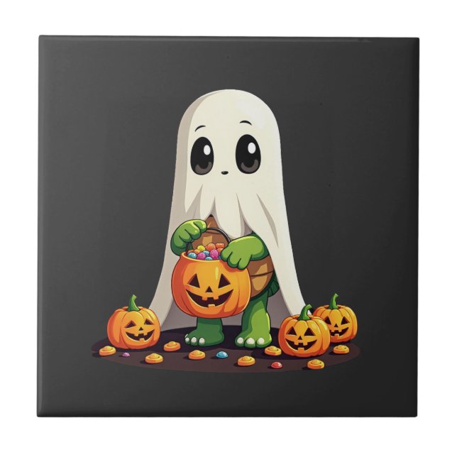 Cute Halloween Turtle Ghost with Candy (6) Ceramic Tile (Front)