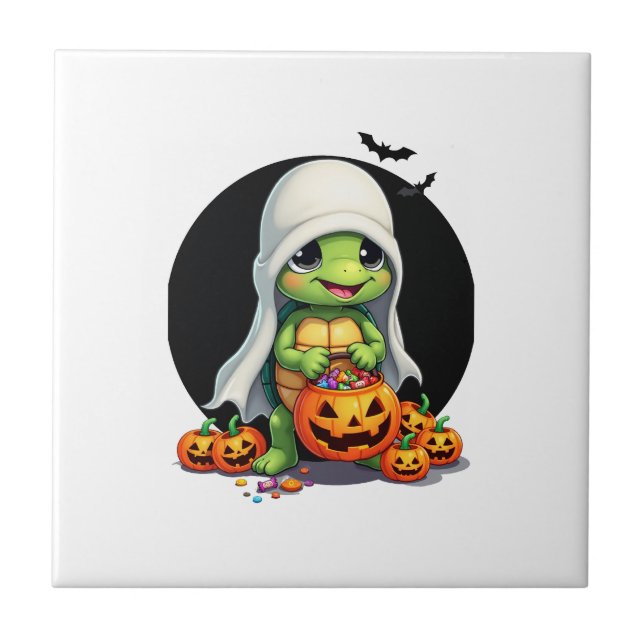 Cute Halloween Turtle Ghost with Candy (7) Ceramic Tile (Front)