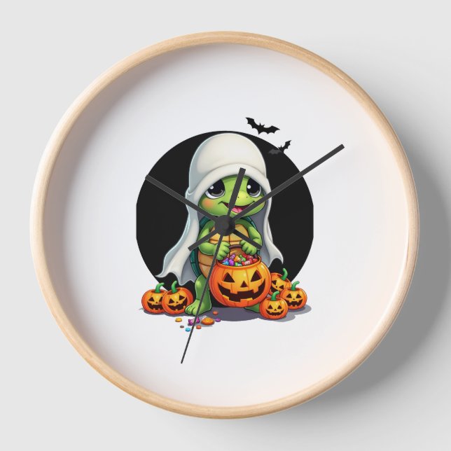 Cute Halloween Turtle Ghost with Candy (7) Clock (Front)