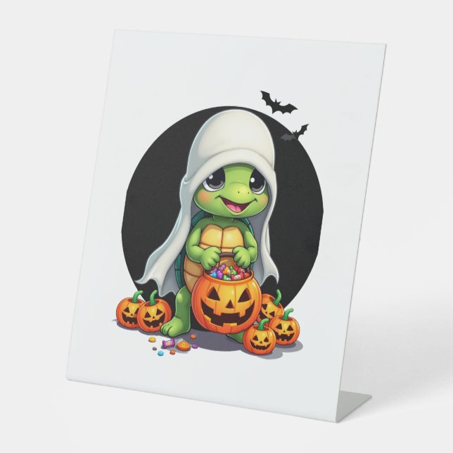 Cute Halloween Turtle Ghost with Candy (7) Pedestal Sign (Front)