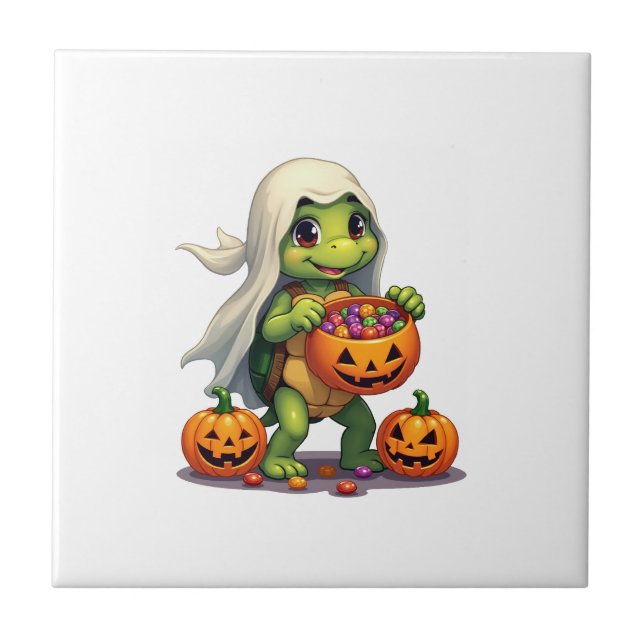 Cute Halloween Turtle Ghost with Candy (8) Ceramic Tile (Front)